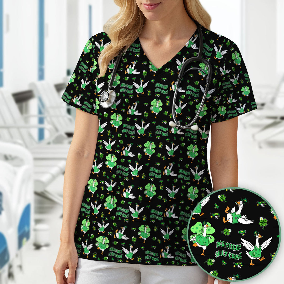 Silly Goose St. Patrick’s Day Scrub Top, Funny Goose Shamrock Pattern Nurse Scrub Shirt, Irish Green Nursing Uniform