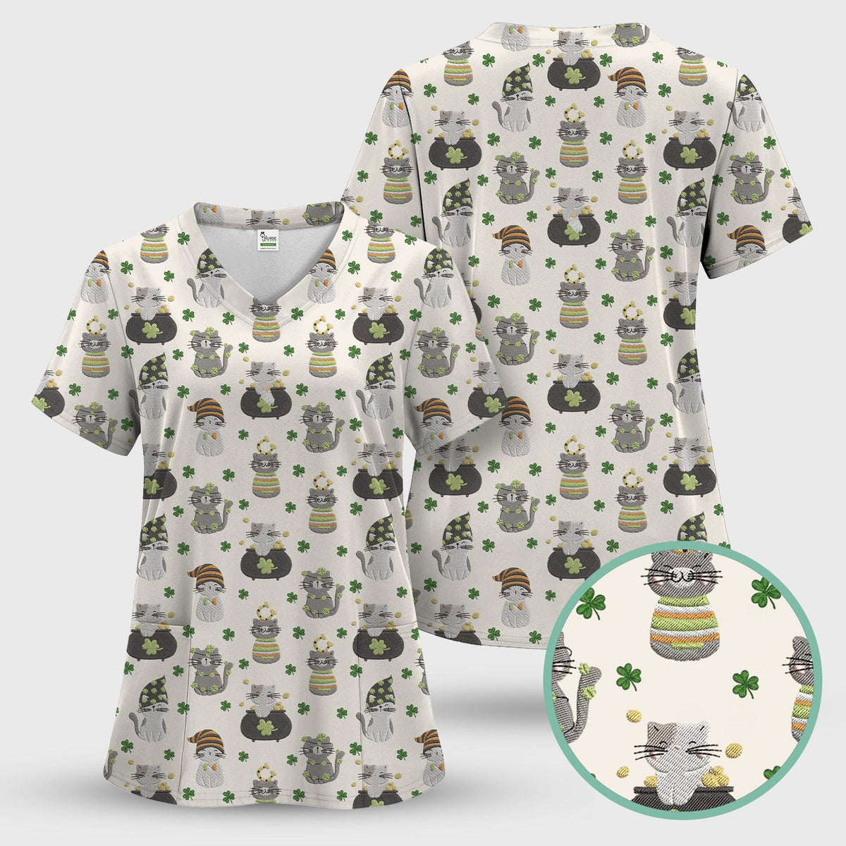 St. Patrick’s Day Scrub Top, Lucky Cat With Shamrock Pattern Shirt, Breathable Fabrics Nursing Uniform