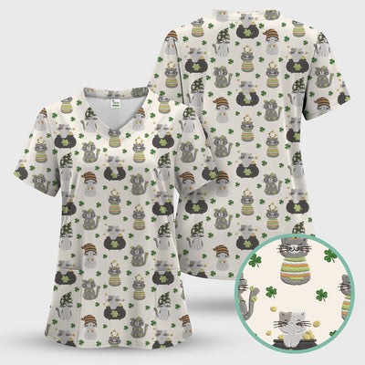 St. Patrick’s Day Scrub Top, Lucky Cat With Shamrock Pattern Shirt, Breathable Fabrics Nursing Uniform