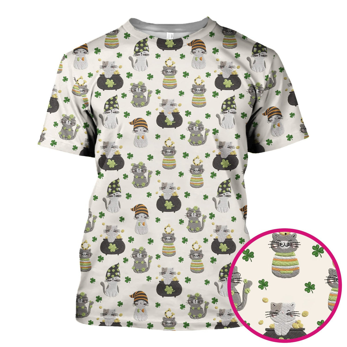 St. Patrick’s Day Scrub Top, Lucky Cat With Shamrock Pattern Shirt, Breathable Fabrics Nursing Uniform