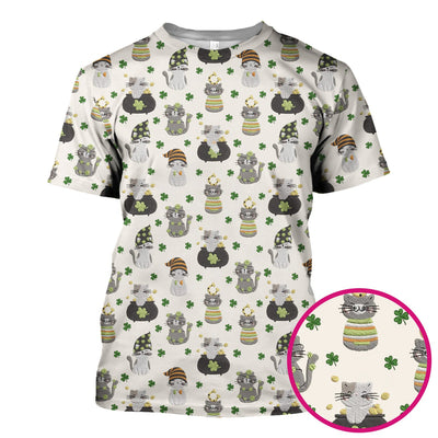 St. Patrick’s Day Scrub Top, Lucky Cat With Shamrock Pattern Shirt, Breathable Fabrics Nursing Uniform
