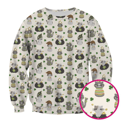 St. Patrick’s Day Scrub Top, Lucky Cat With Shamrock Pattern Shirt, Breathable Fabrics Nursing Uniform