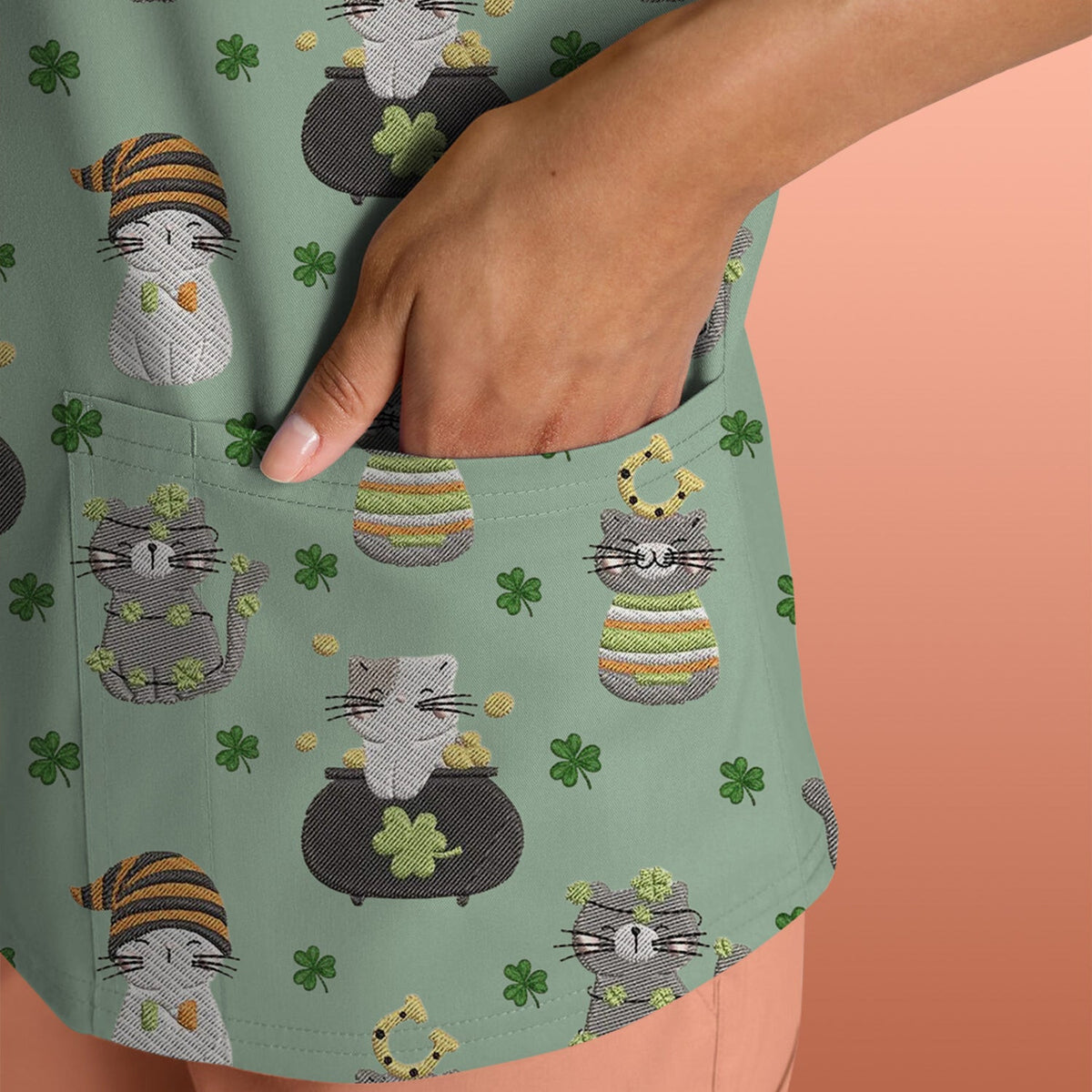 St. Patrick’s Day Scrub Top, Lucky Cat With Shamrock Pattern Shirt, Breathable Fabrics Nursing Uniform