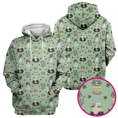 St. Patrick’s Day Scrub Top, Lucky Cat With Shamrock Pattern Shirt, Breathable Fabrics Nursing Uniform