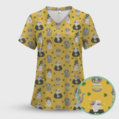 St. Patrick’s Day Scrub Top, Lucky Cat With Shamrock Pattern Shirt, Breathable Fabrics Nursing Uniform