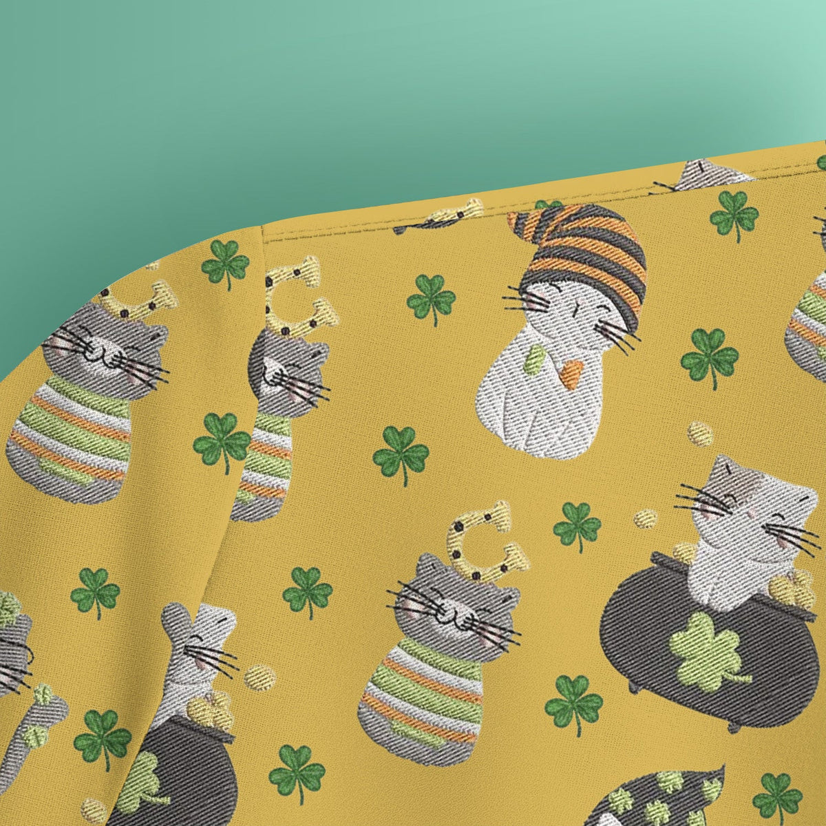 St. Patrick’s Day Scrub Top, Lucky Cat With Shamrock Pattern Shirt, Breathable Fabrics Nursing Uniform