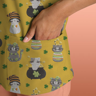 St. Patrick’s Day Scrub Top, Lucky Cat With Shamrock Pattern Shirt, Breathable Fabrics Nursing Uniform
