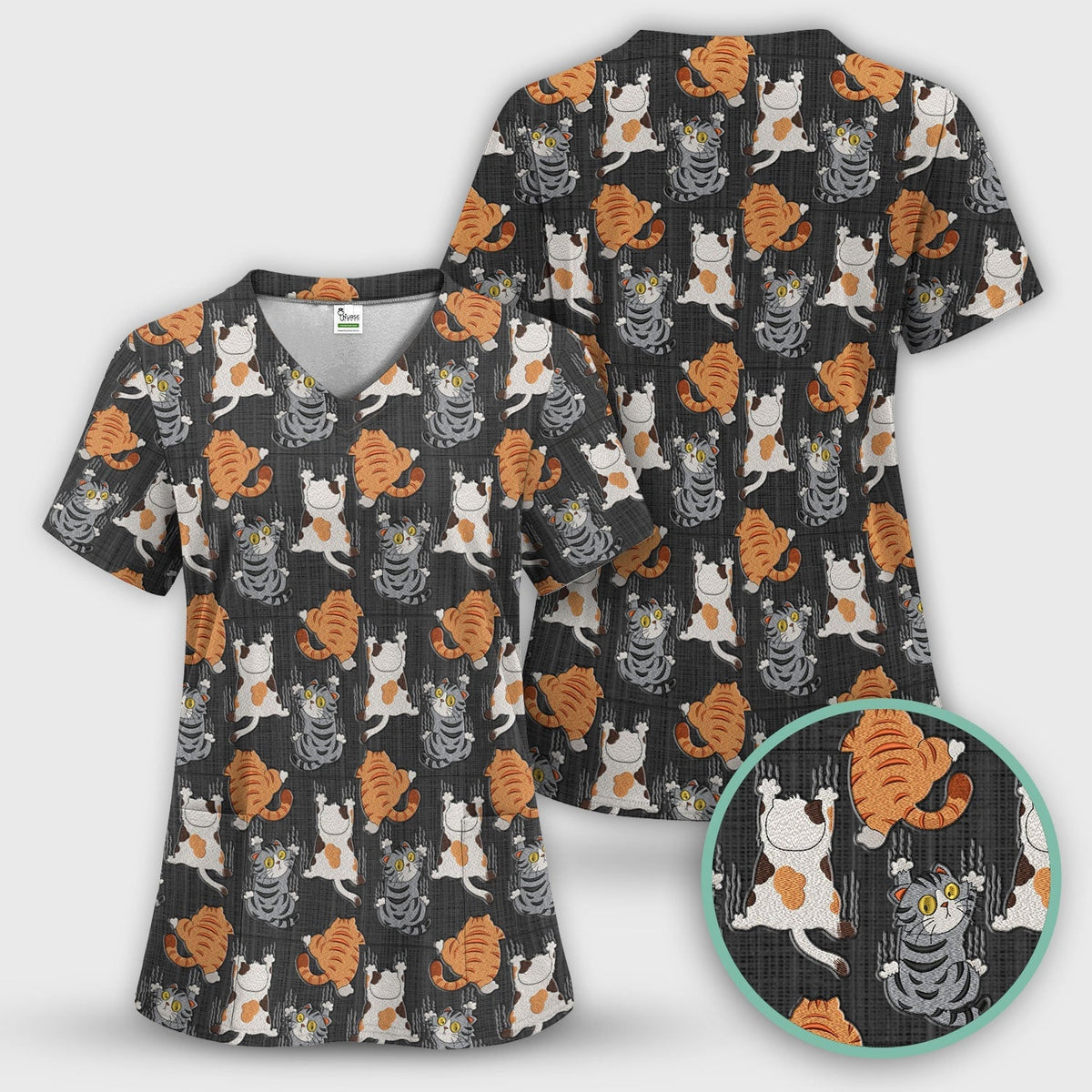 Cute Cat Pattern Nurse Scrub Top, Cats Medical Pattern Shirt, Breathable Fabrics Nursing Uniform