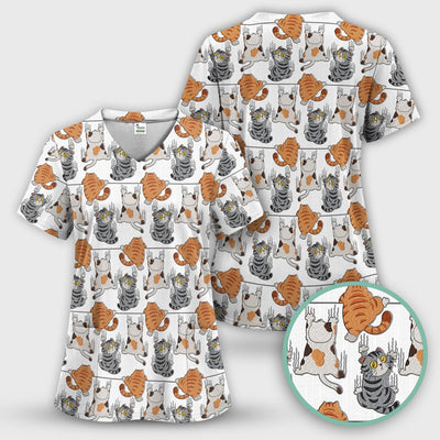 Cute Cat Pattern Nurse Scrub Top, Cats Medical Pattern Shirt, Breathable Fabrics Nursing Uniform