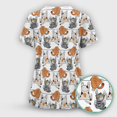 Cute Cat Pattern Nurse Scrub Top, Cats Medical Pattern Shirt, Breathable Fabrics Nursing Uniform