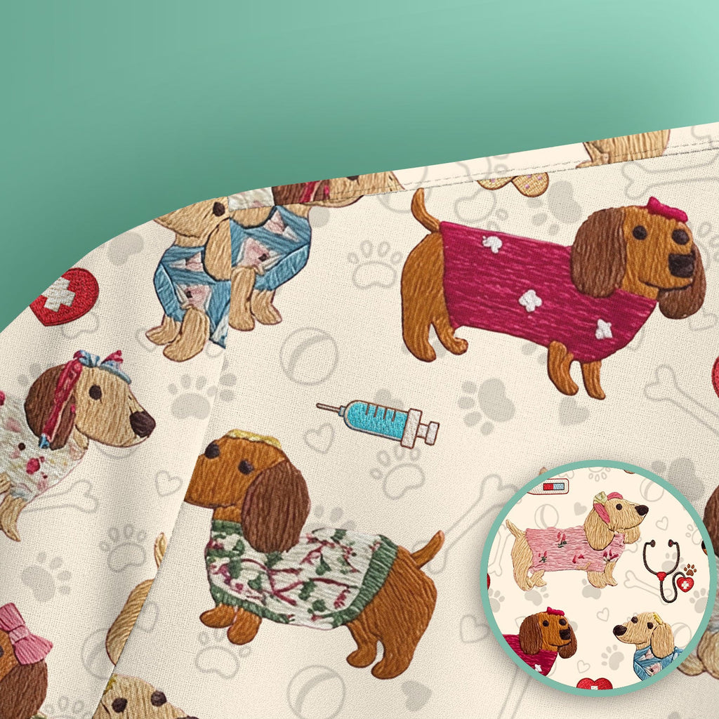 Cute Medical Wiener Dog Pattern Nurse Shirt, Dachshund Nursing Scrub Top, Breathable Fabrics Nursing Uniform
