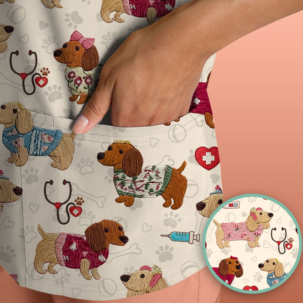 Cute Medical Wiener Dog Pattern Nurse Shirt, Dachshund Nursing Scrub Top, Breathable Fabrics Nursing Uniform