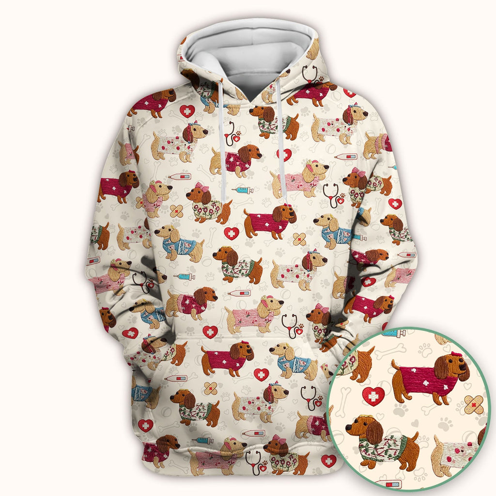 Cute Medical Wiener Dog Pattern Nurse Shirt, Dachshund Nursing Scrub Top, Breathable Fabrics Nursing Uniform