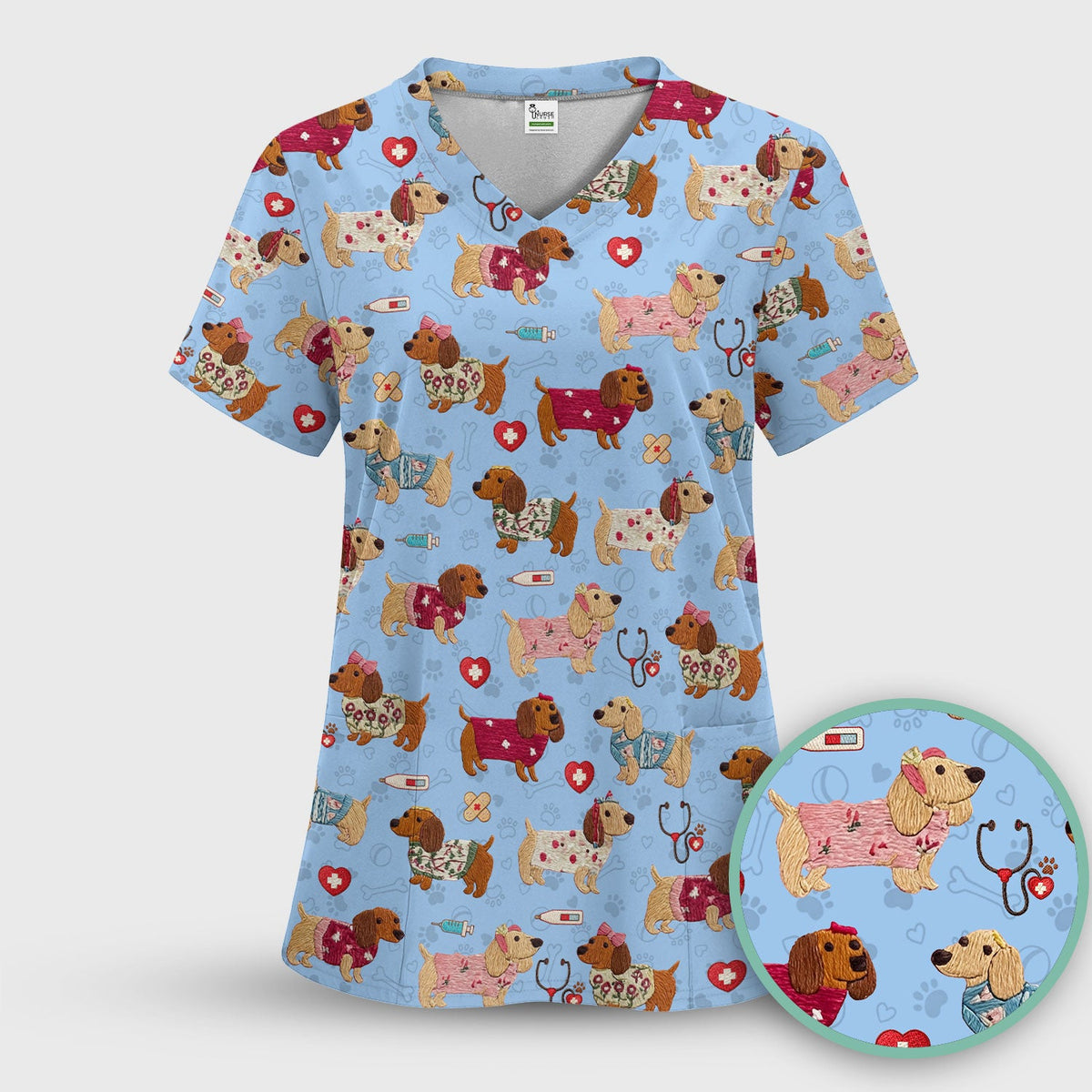 Cute Medical Wiener Dog Pattern Nurse Shirt, Dachshund Nursing Scrub Top, Breathable Fabrics Nursing Uniform