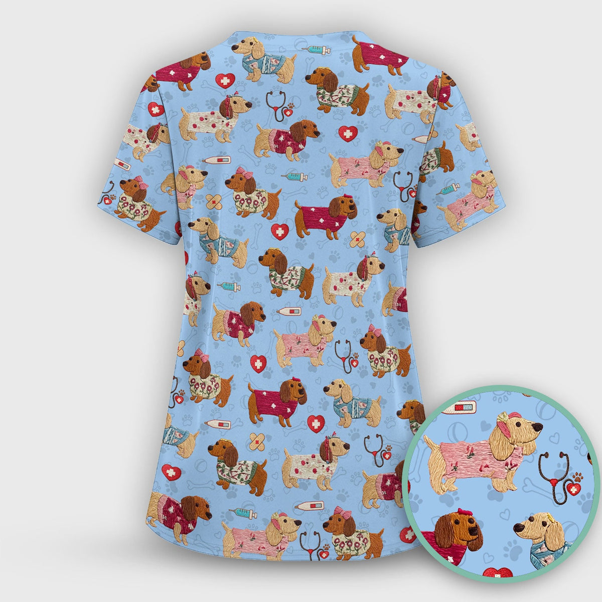 Cute Medical Wiener Dog Pattern Nurse Shirt, Dachshund Nursing Scrub Top, Breathable Fabrics Nursing Uniform