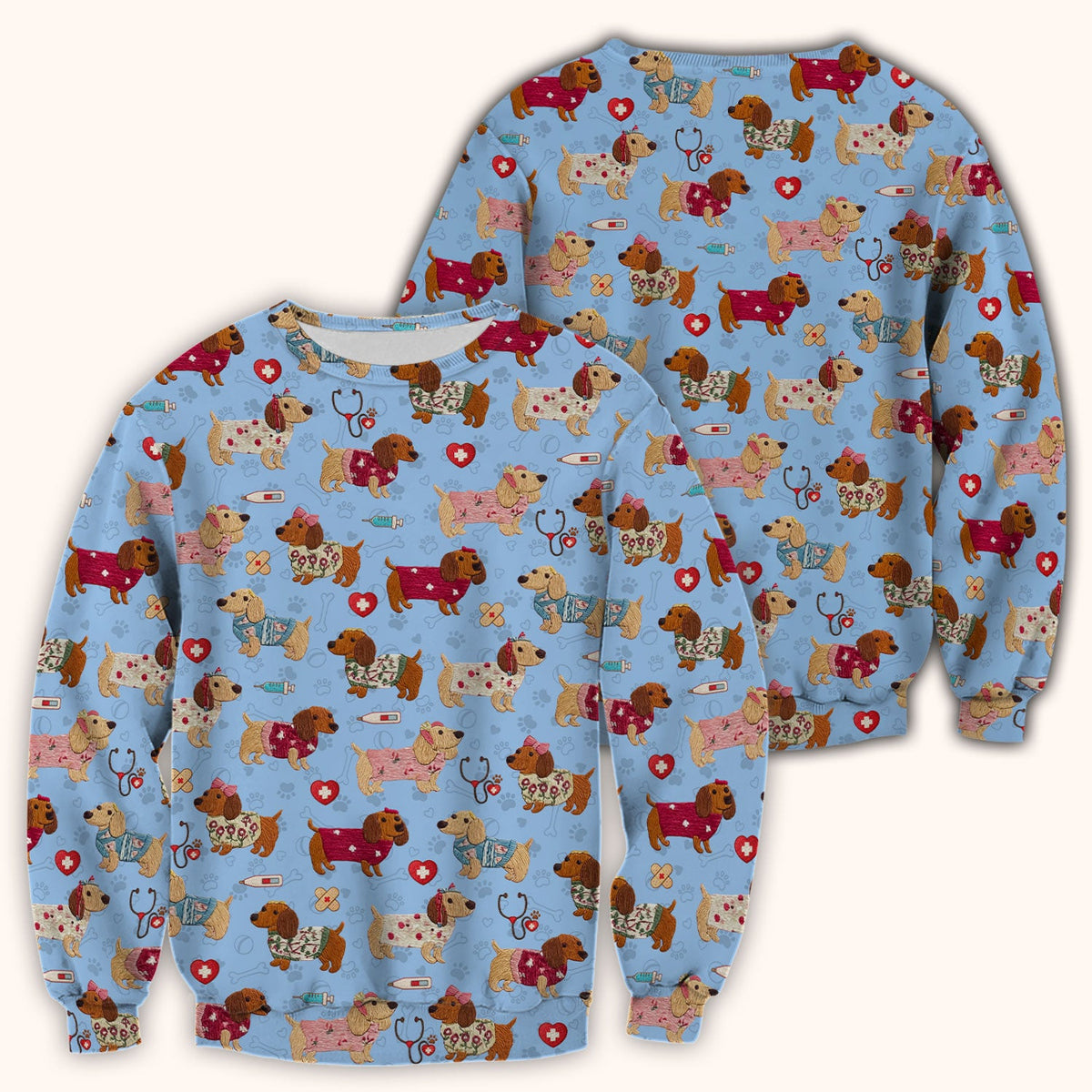 Cute Medical Wiener Dog Pattern Nurse Shirt, Dachshund Nursing Scrub Top, Breathable Fabrics Nursing Uniform