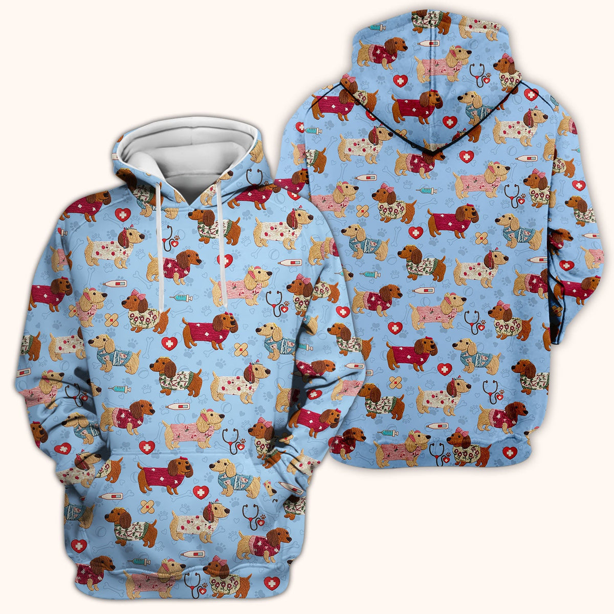 Cute Medical Wiener Dog Pattern Nurse Shirt, Dachshund Nursing Scrub Top, Breathable Fabrics Nursing Uniform