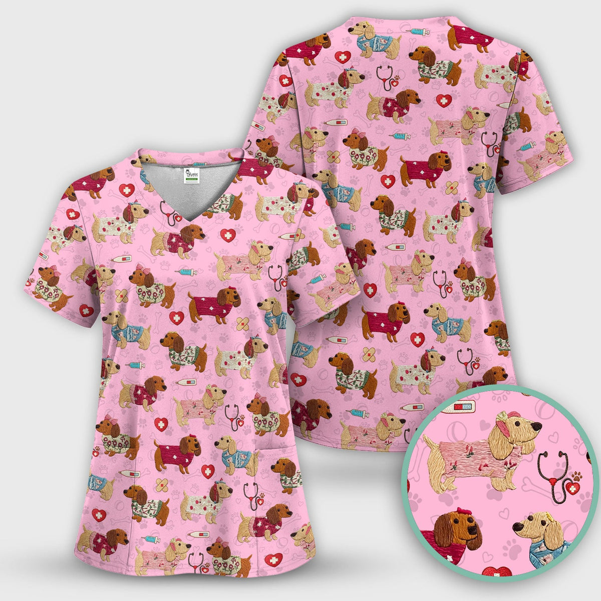 Cute Medical Wiener Dog Pattern Nurse Shirt, Dachshund Nursing Scrub Top, Breathable Fabrics Nursing Uniform