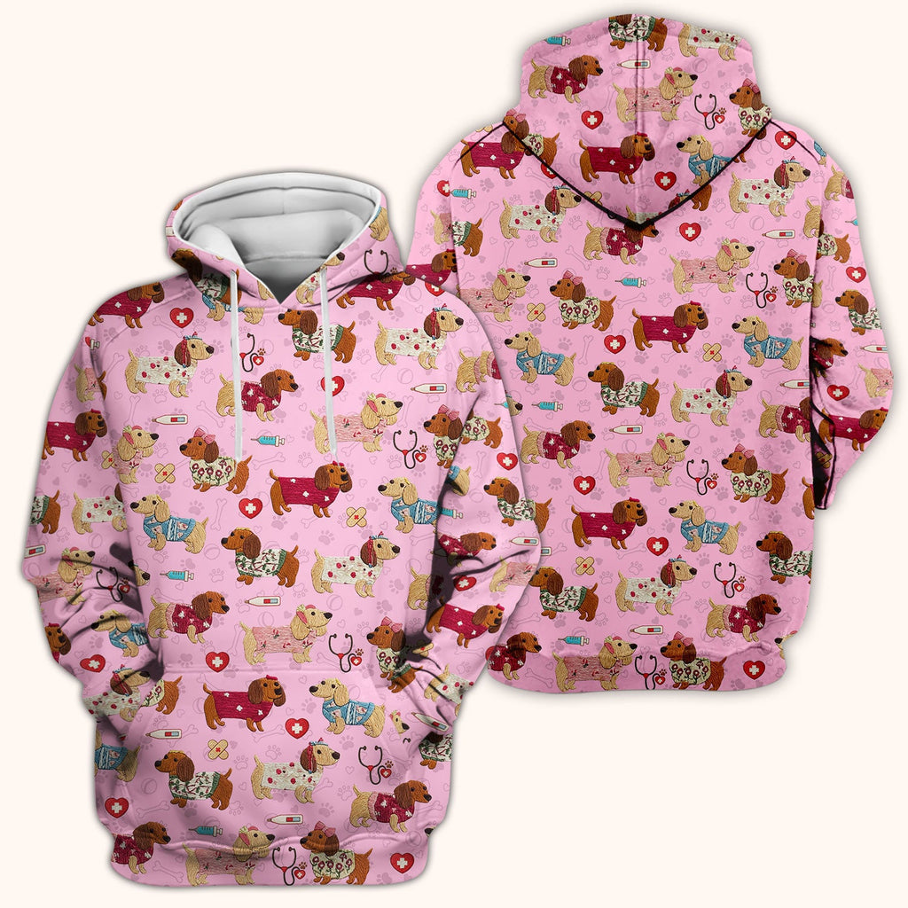 Cute Medical Wiener Dog Pattern Nurse Shirt, Dachshund Nursing Scrub Top, Breathable Fabrics Nursing Uniform