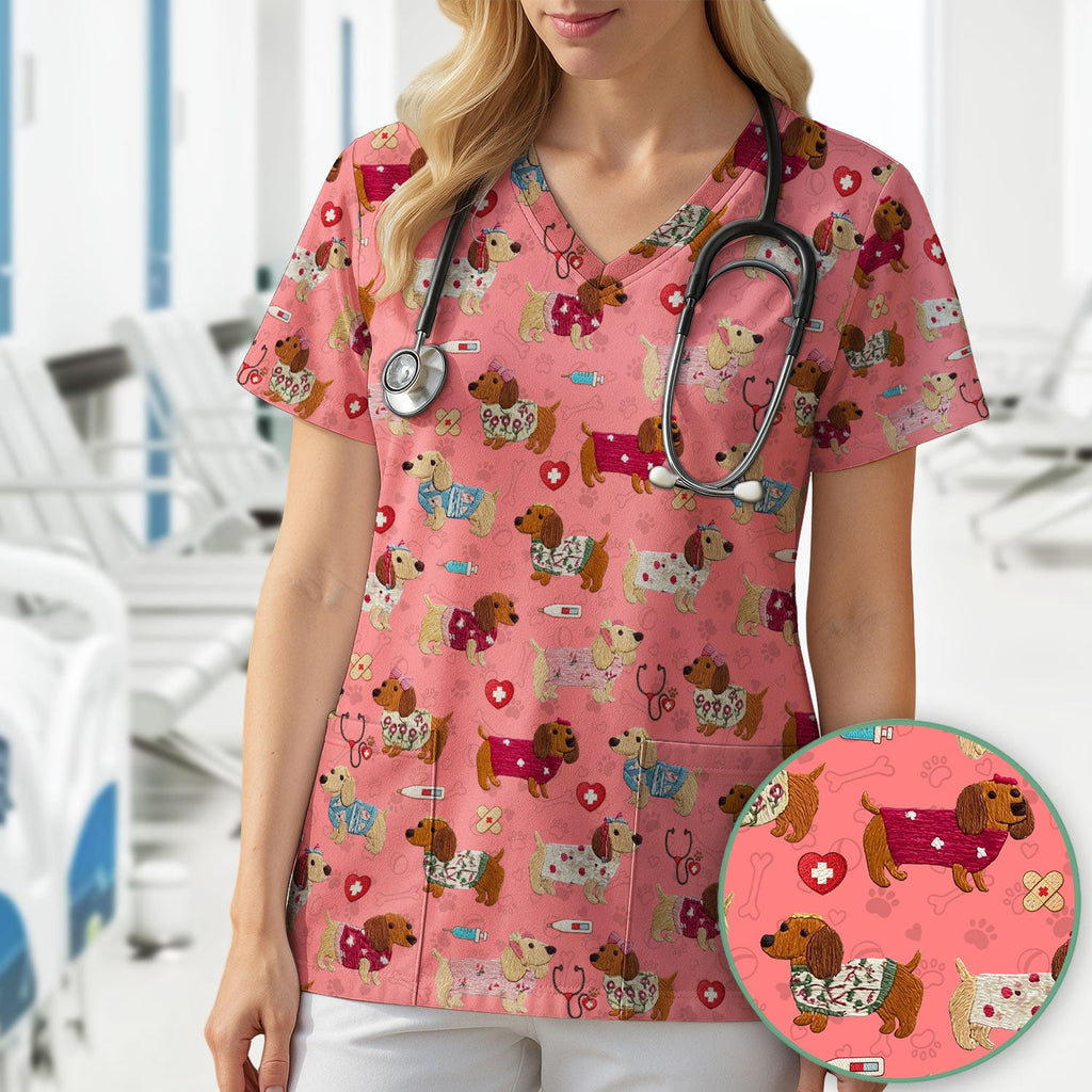 Cute Medical Wiener Dog Pattern Nurse Shirt, Dachshund Nursing Scrub Top, Breathable Fabrics Nursing Uniform