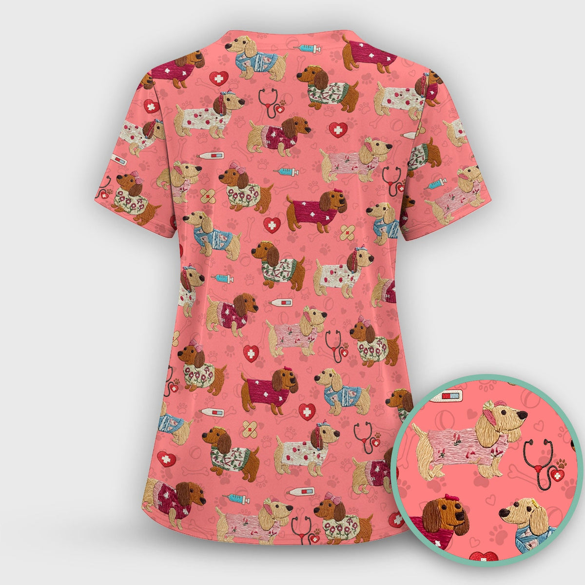 Cute Medical Wiener Dog Pattern Nurse Shirt, Dachshund Nursing Scrub Top, Breathable Fabrics Nursing Uniform