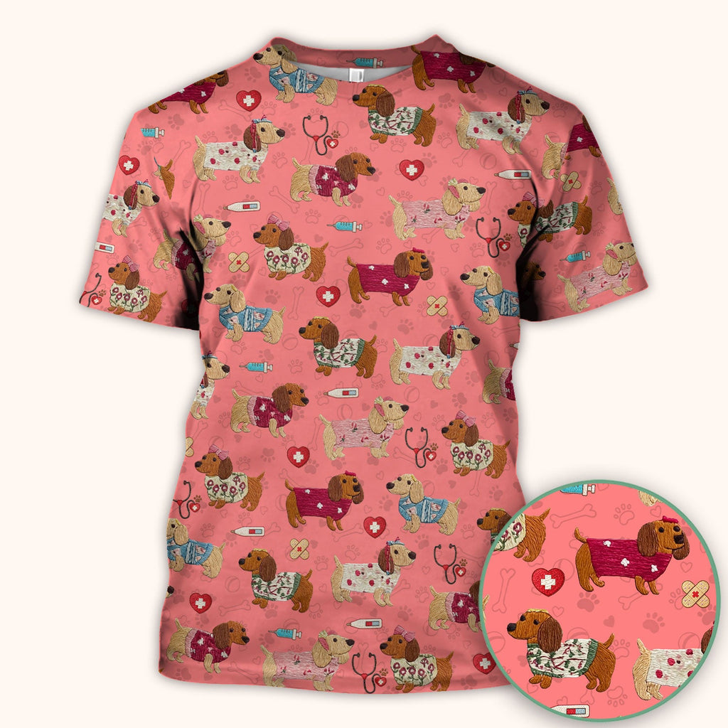 Cute Medical Wiener Dog Pattern Nurse Shirt, Dachshund Nursing Scrub Top, Breathable Fabrics Nursing Uniform
