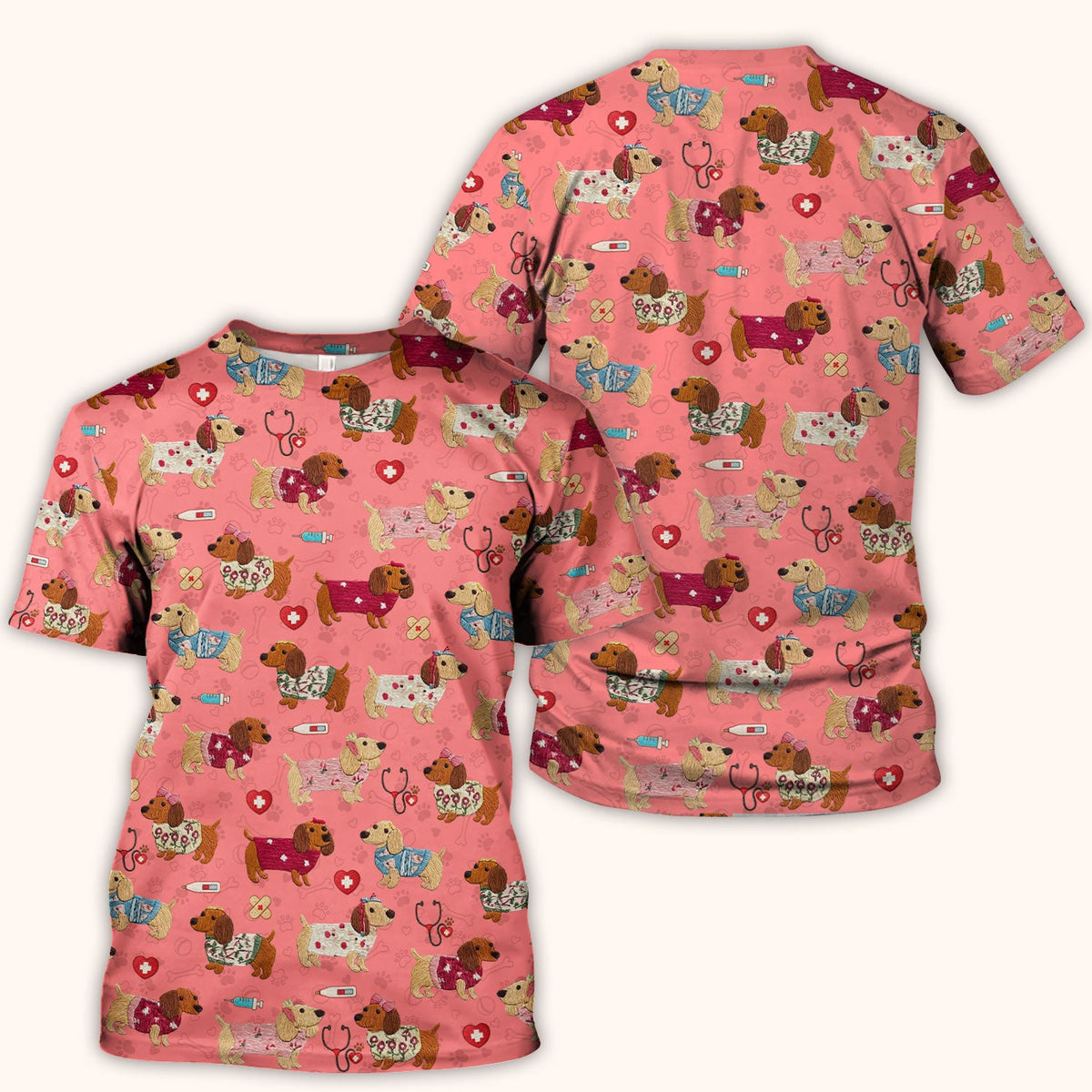 Cute Medical Wiener Dog Pattern Nurse Shirt, Dachshund Nursing Scrub Top, Breathable Fabrics Nursing Uniform