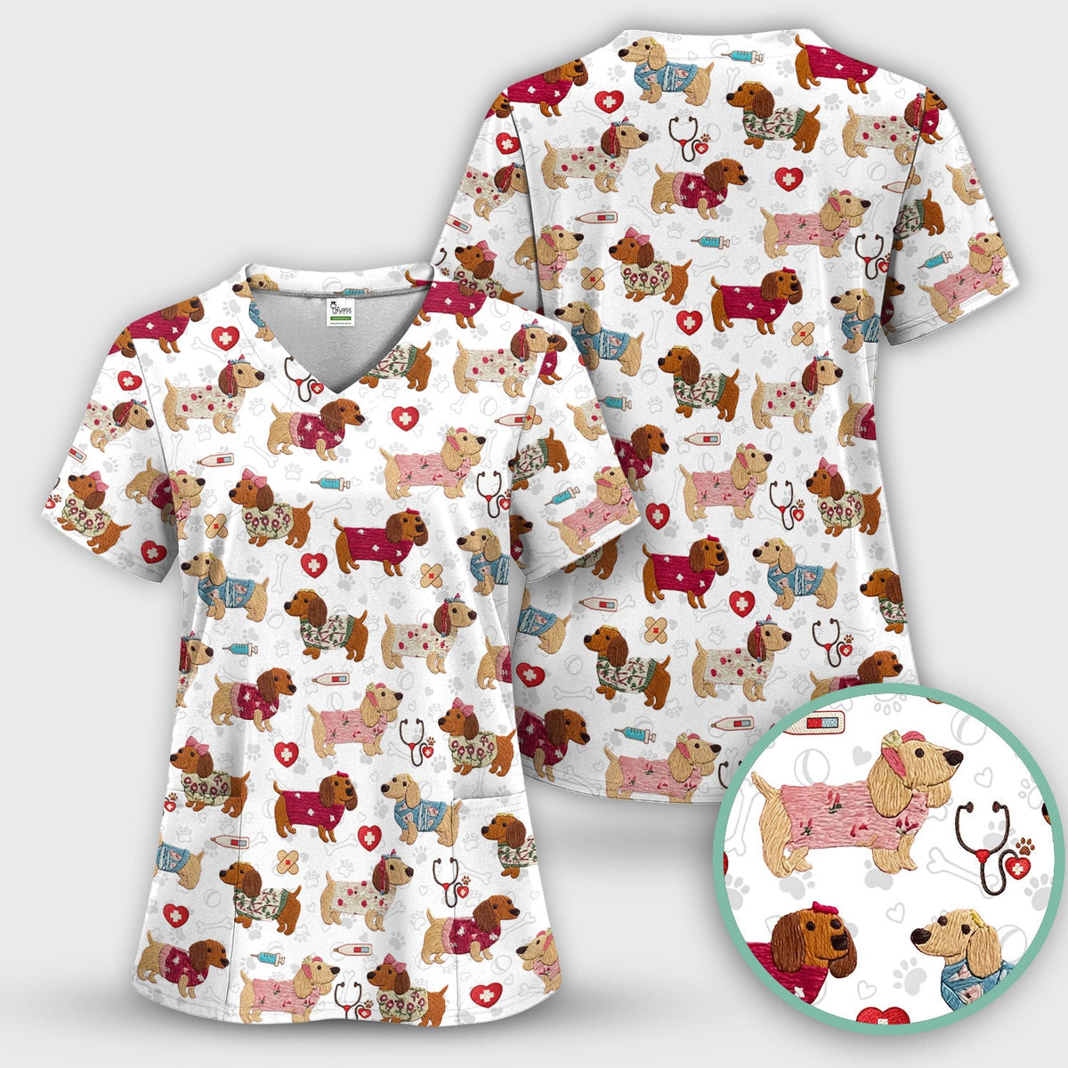 Cute Medical Wiener Dog Pattern Nurse Shirt, Dachshund Nursing Scrub Top, Breathable Fabrics Nursing Uniform