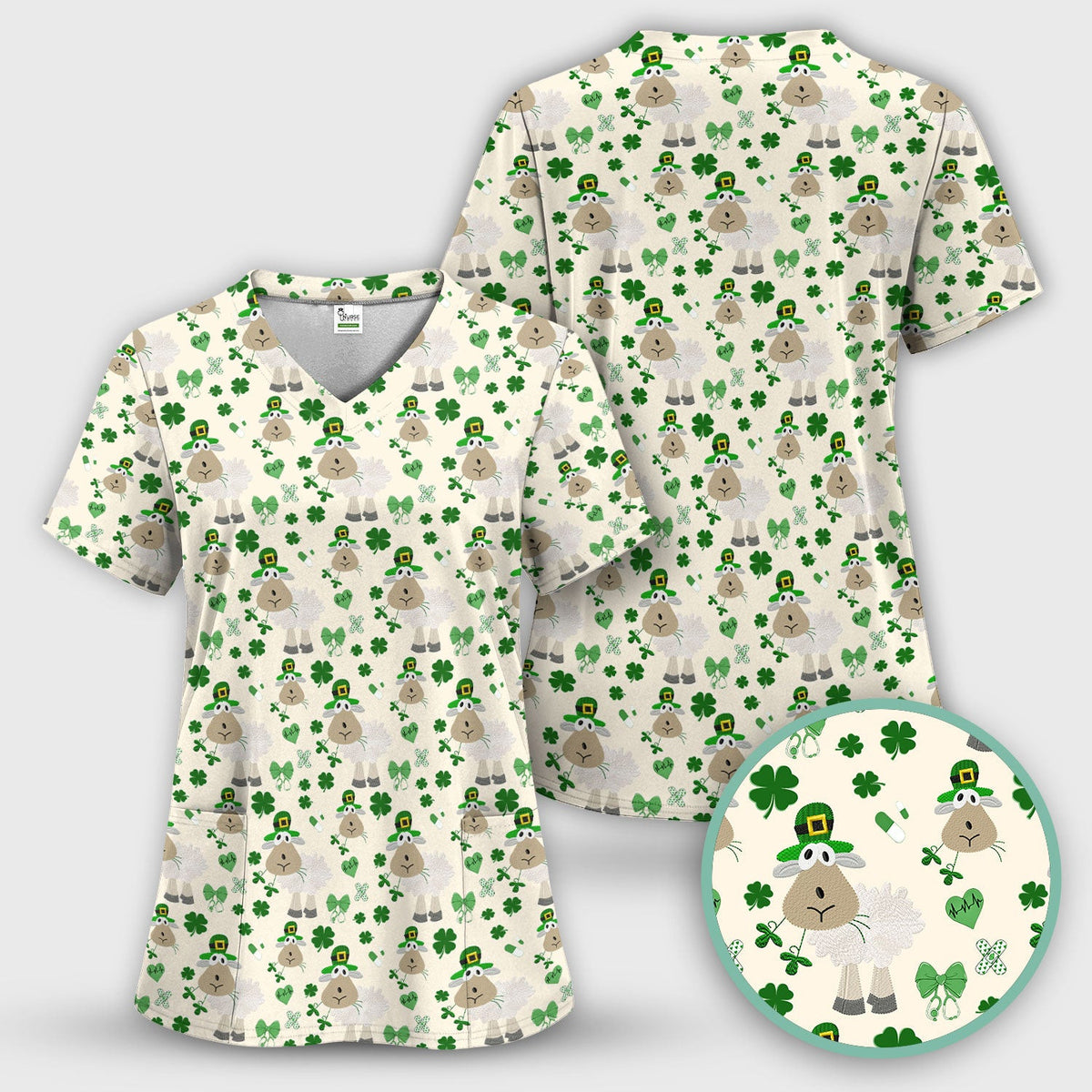 Nurse St. Patrick's Day Scrubs Top, Cute Sheep Shamrock Pattern Nurse Shirt, Breathable Fabrics Nursing Uniform