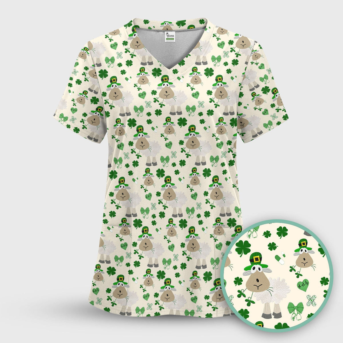 Nurse St. Patrick's Day Scrubs Top, Cute Sheep Shamrock Pattern Nurse Shirt, Breathable Fabrics Nursing Uniform