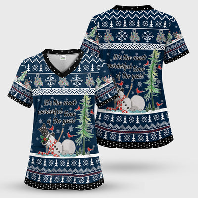 Snowman Christmas Scrub Top, Funny Holiday Nurse Shirt, It's The Most Wonderful Time Of The Year Uniform FOr Nursing