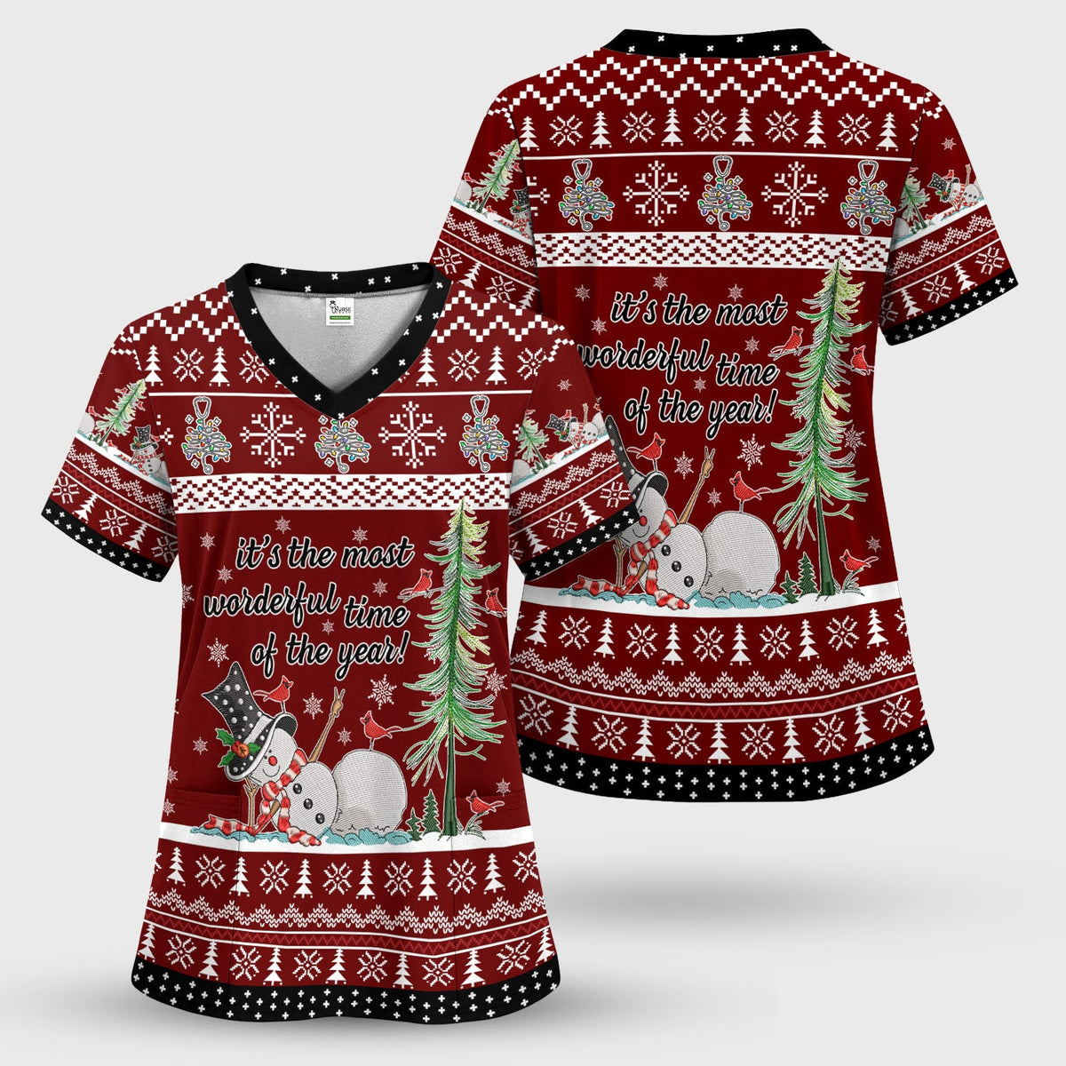 Snowman Christmas Scrub Top, Funny Holiday Nurse Shirt, It's The Most Wonderful Time Of The Year Uniform FOr Nursing