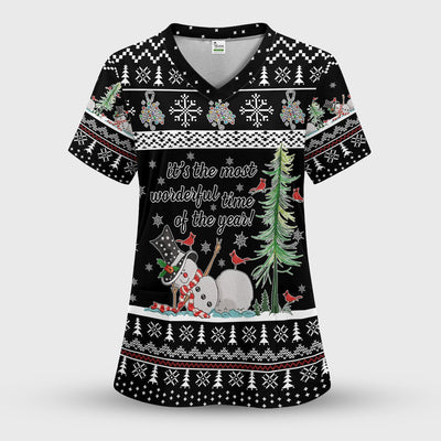 Snowman Christmas Scrub Top, Funny Holiday Nurse Shirt, It's The Most Wonderful Time Of The Year Uniform FOr Nursing