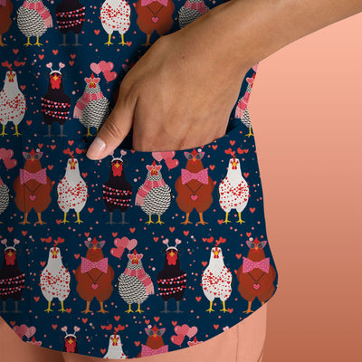 Funny Chicken Valentine Scrub Top, Chicken Pattern Scrub Shirt For Nursing, Valentine Gift For Nurse