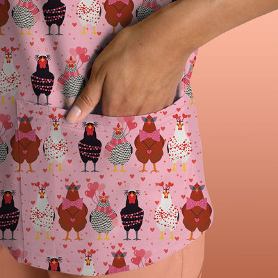 Funny Chicken Valentine Scrub Top, Chicken Pattern Scrub Shirt For Nursing, Valentine Gift For Nurse