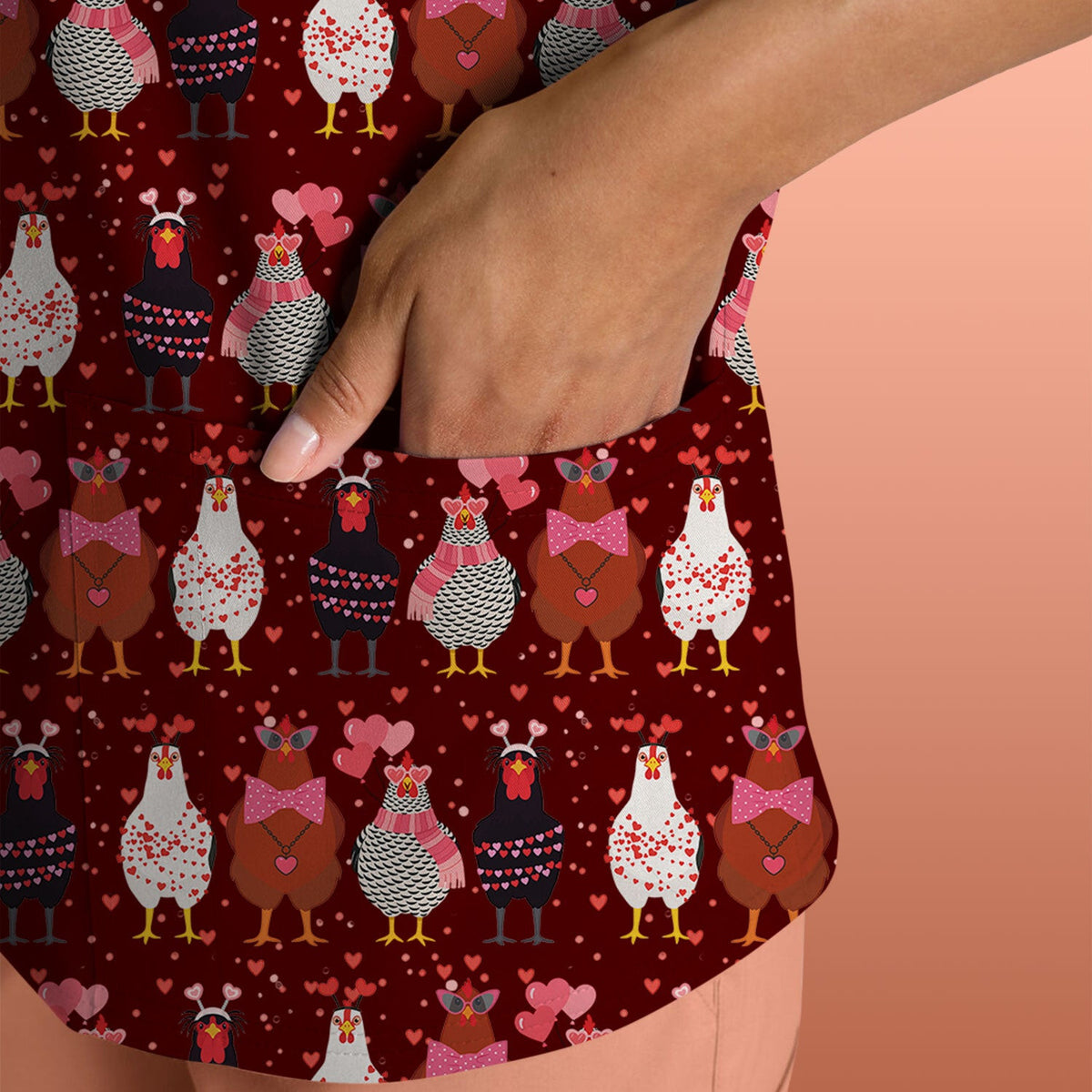 Funny Chicken Valentine Scrub Top, Chicken Pattern Scrub Shirt For Nursing, Valentine Gift For Nurse
