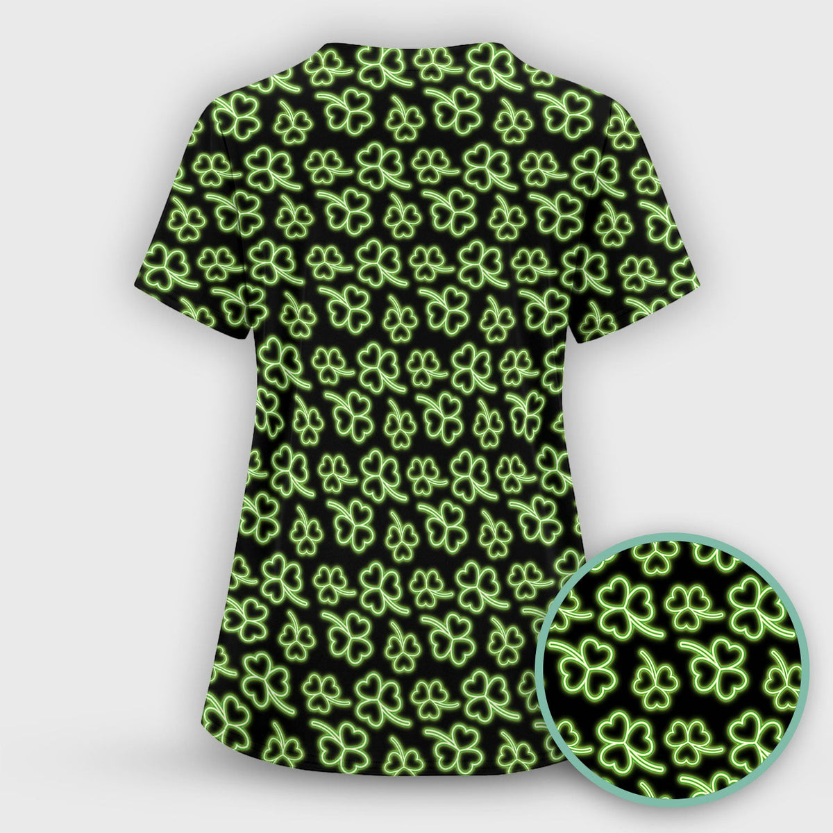 Neon Shamrock Nurse Scrub Top, St. Patrick’s Day Glow Green Pattern Pattern Shirt,  Breathable Fabrics Nursing Uniform