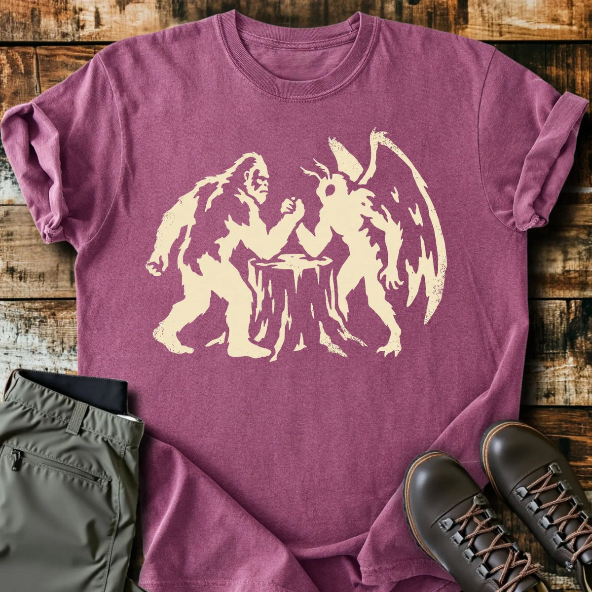 Bigfoot VS Mothman T-Shirt - Funny Hiking Graphic Tee - Gift for Hikers - Unisex