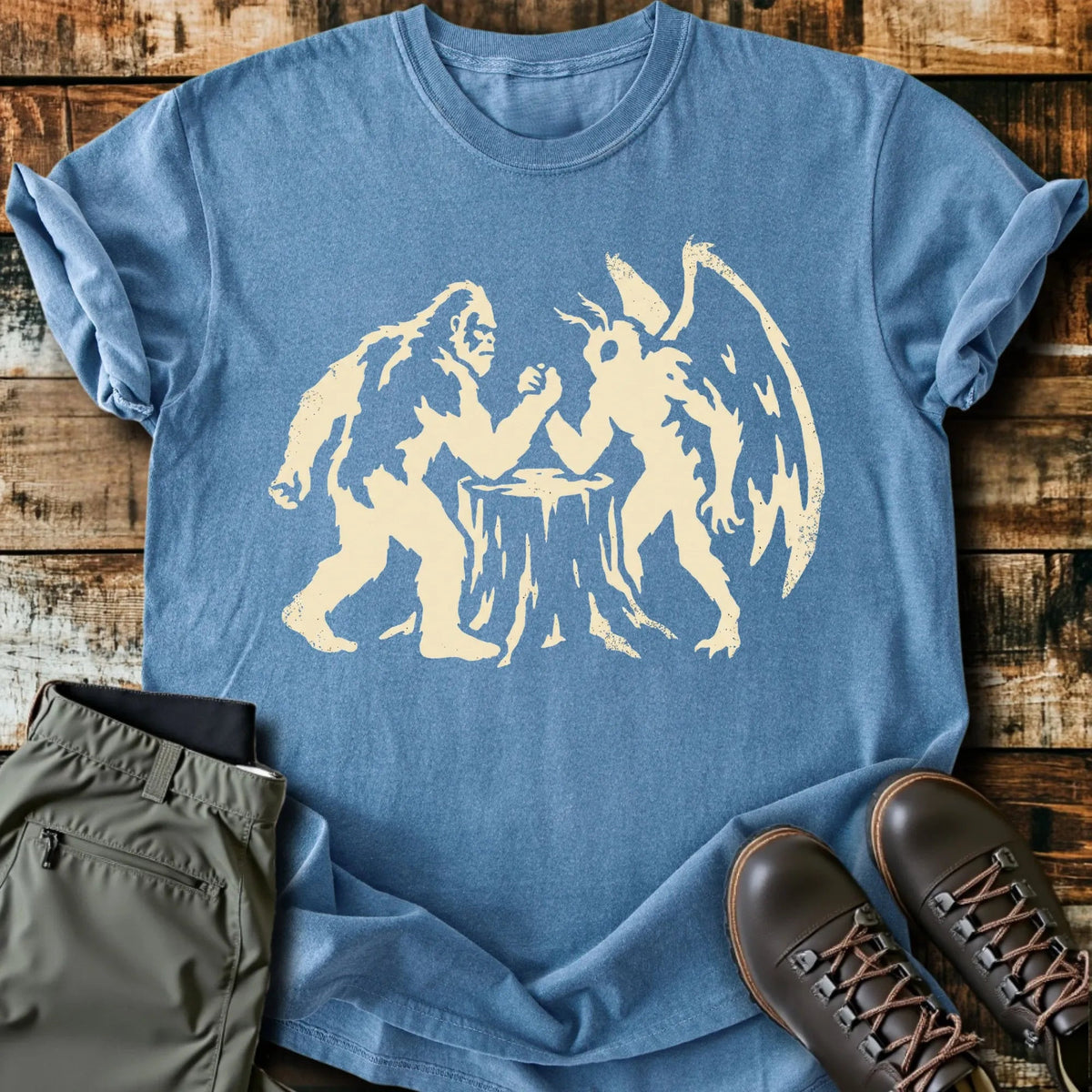 Bigfoot VS Mothman T-Shirt - Funny Hiking Graphic Tee - Gift for Hikers - Unisex