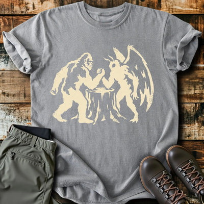 Bigfoot VS Mothman T-Shirt - Funny Hiking Graphic Tee - Gift for Hikers - Unisex
