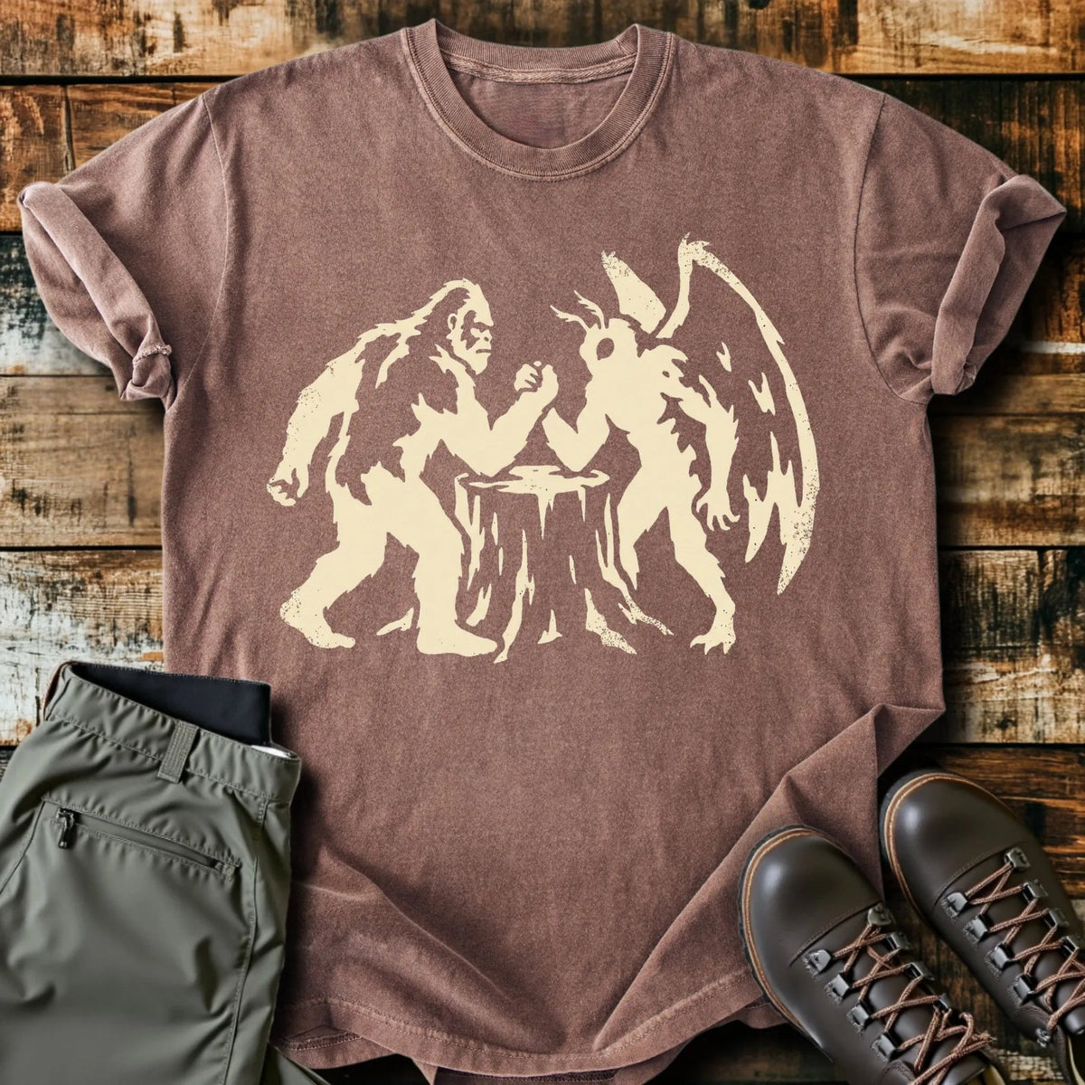 Bigfoot VS Mothman T-Shirt - Funny Hiking Graphic Tee - Gift for Hikers - Unisex