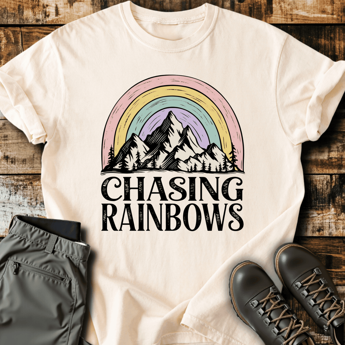 Chasing Rainbows T-Shirt - Funny Hiking Graphic Tee - Gift for Hikers - Unisex