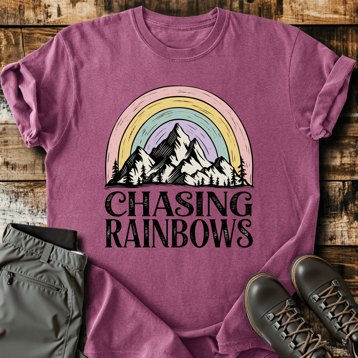 Chasing Rainbows T-Shirt - Funny Hiking Graphic Tee - Gift for Hikers - Unisex