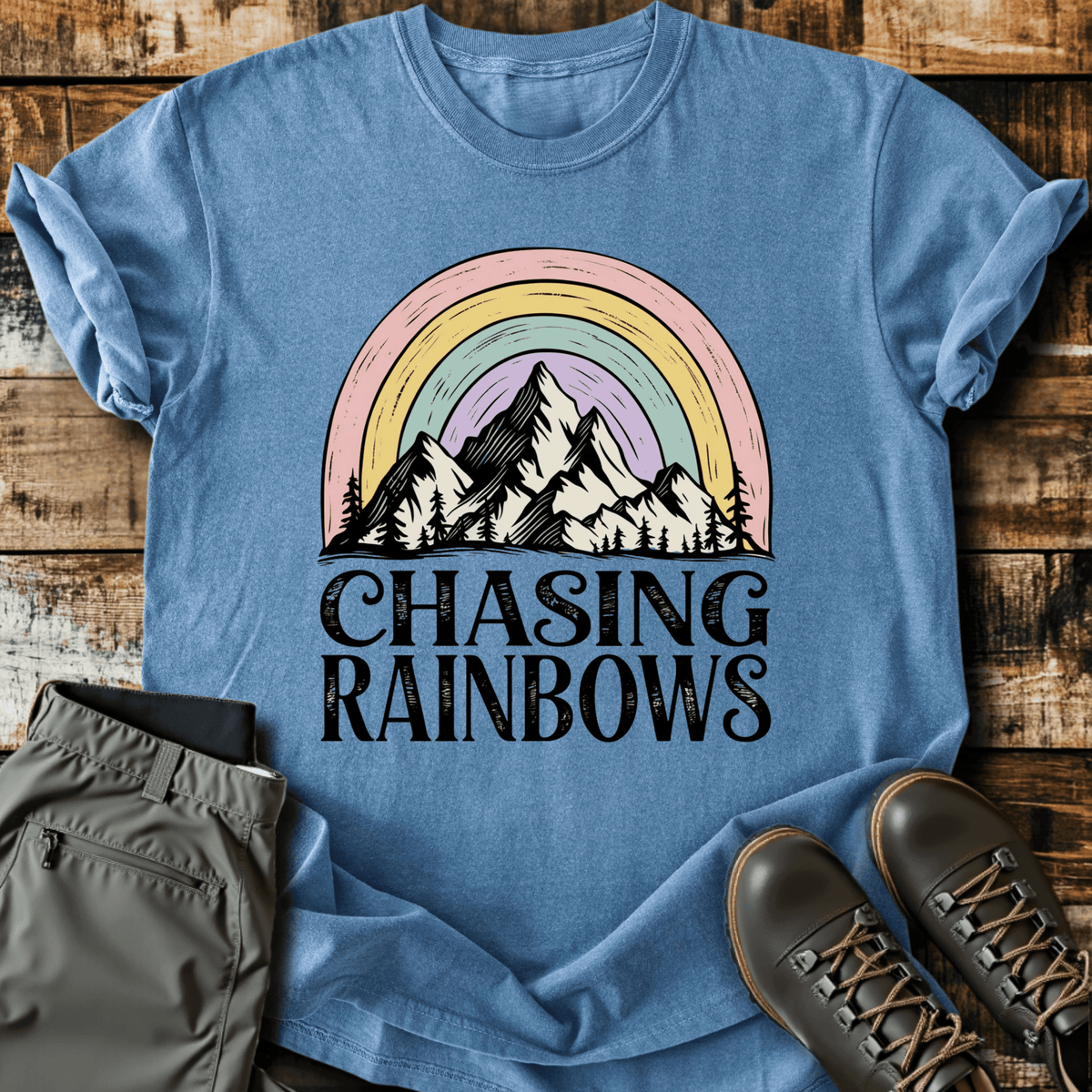 Chasing Rainbows T-Shirt - Funny Hiking Graphic Tee - Gift for Hikers - Unisex