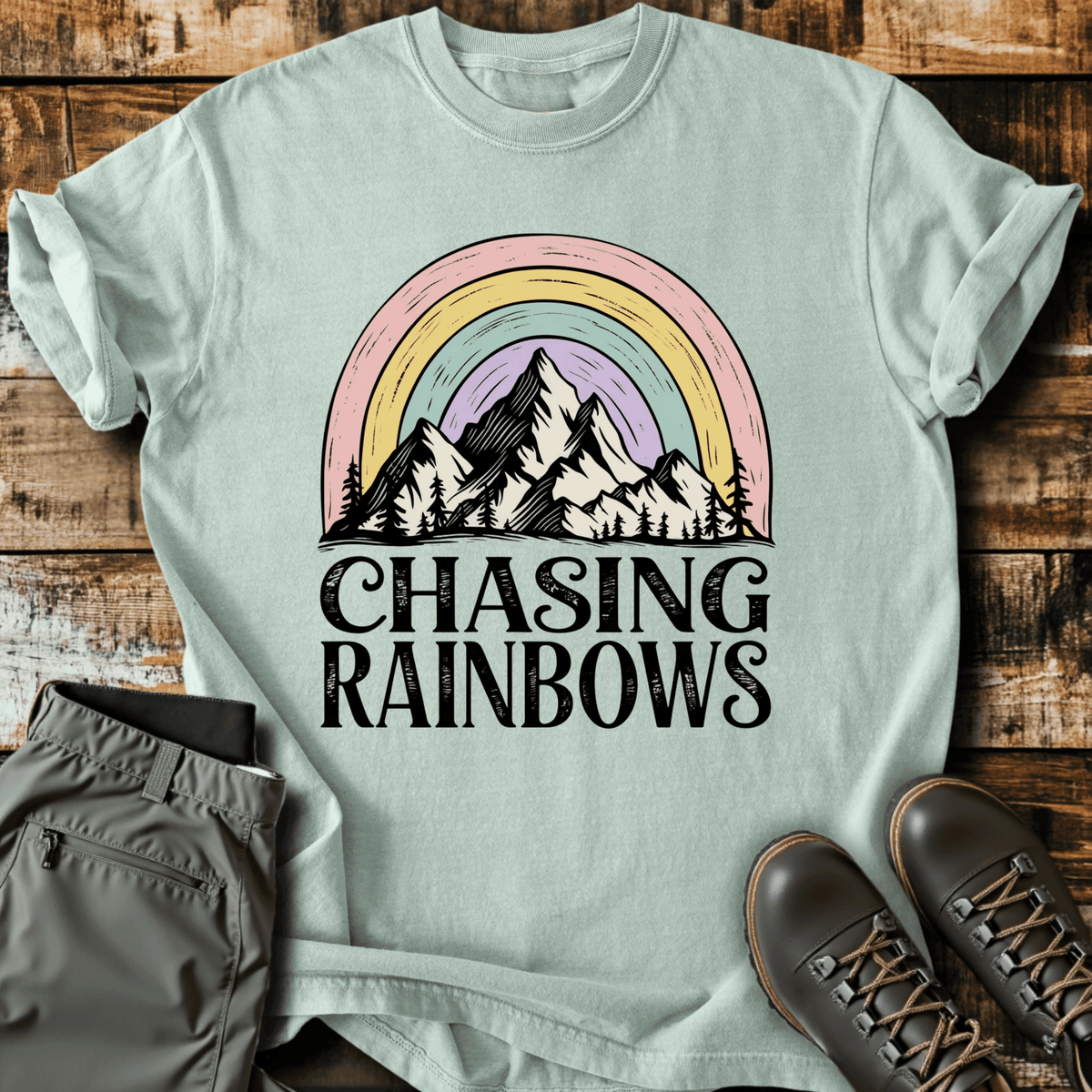 Chasing Rainbows T-Shirt - Funny Hiking Graphic Tee - Gift for Hikers - Unisex