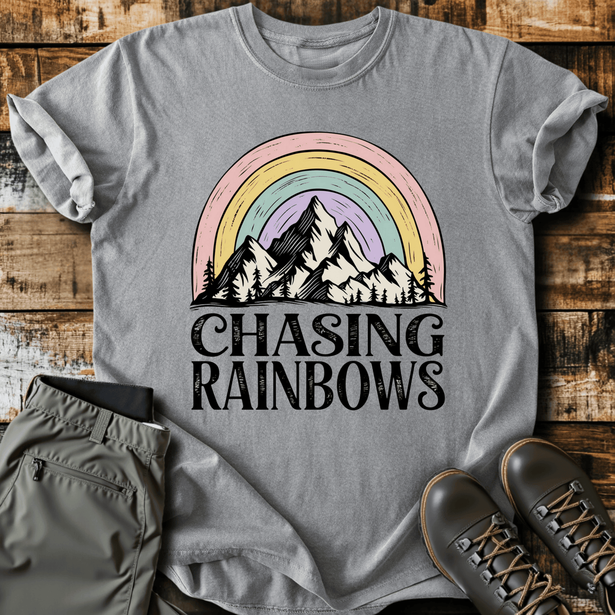 Chasing Rainbows T-Shirt - Funny Hiking Graphic Tee - Gift for Hikers - Unisex