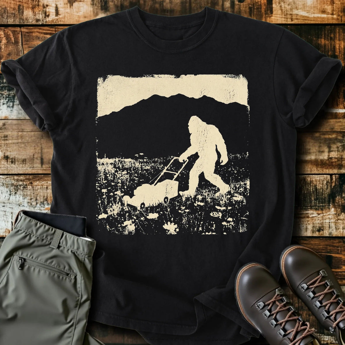 Bigfoot Mowing T-Shirt - Funny Hiking Graphic Tee - Gift for Hikers - Unisex