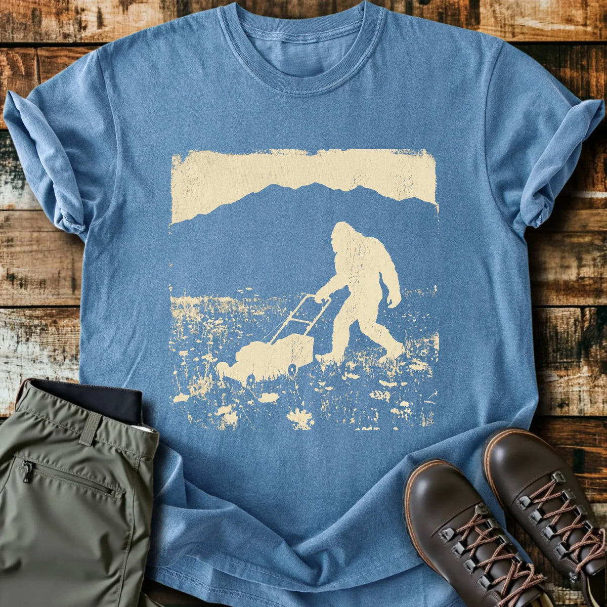 Bigfoot Mowing T-Shirt - Funny Hiking Graphic Tee - Gift for Hikers - Unisex