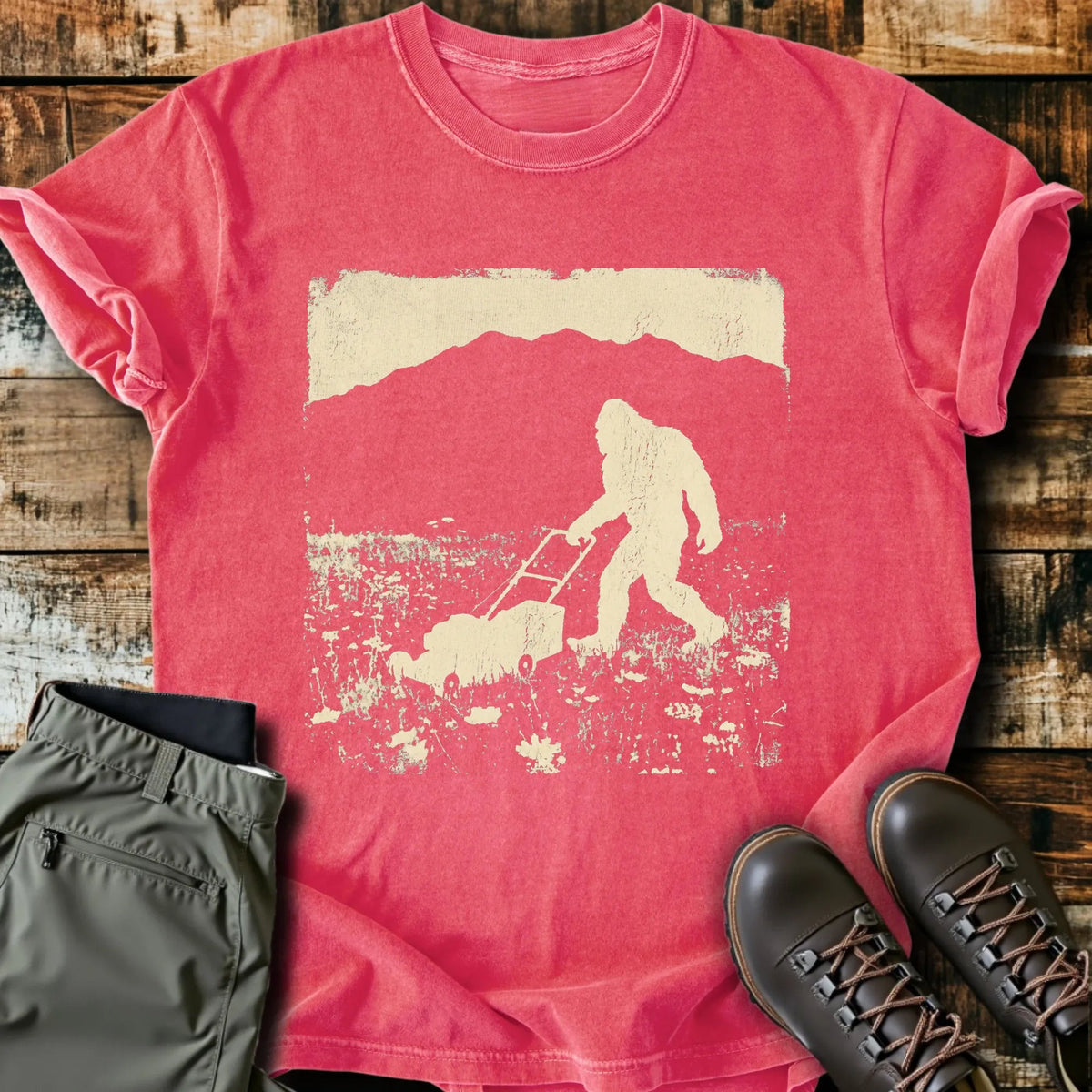 Bigfoot Mowing T-Shirt - Funny Hiking Graphic Tee - Gift for Hikers - Unisex