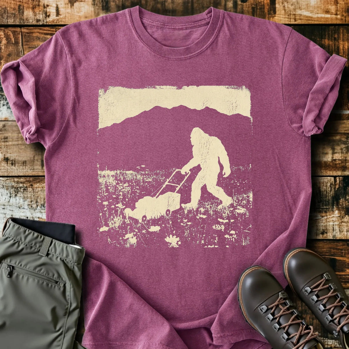 Bigfoot Mowing T-Shirt - Funny Hiking Graphic Tee - Gift for Hikers - Unisex